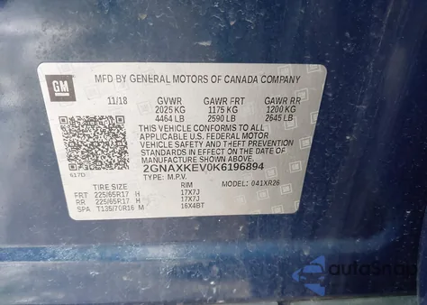 2019 Chevrolet Equinox Lt из США, поврежденный, VIN 2GNAXKEV0K6196894